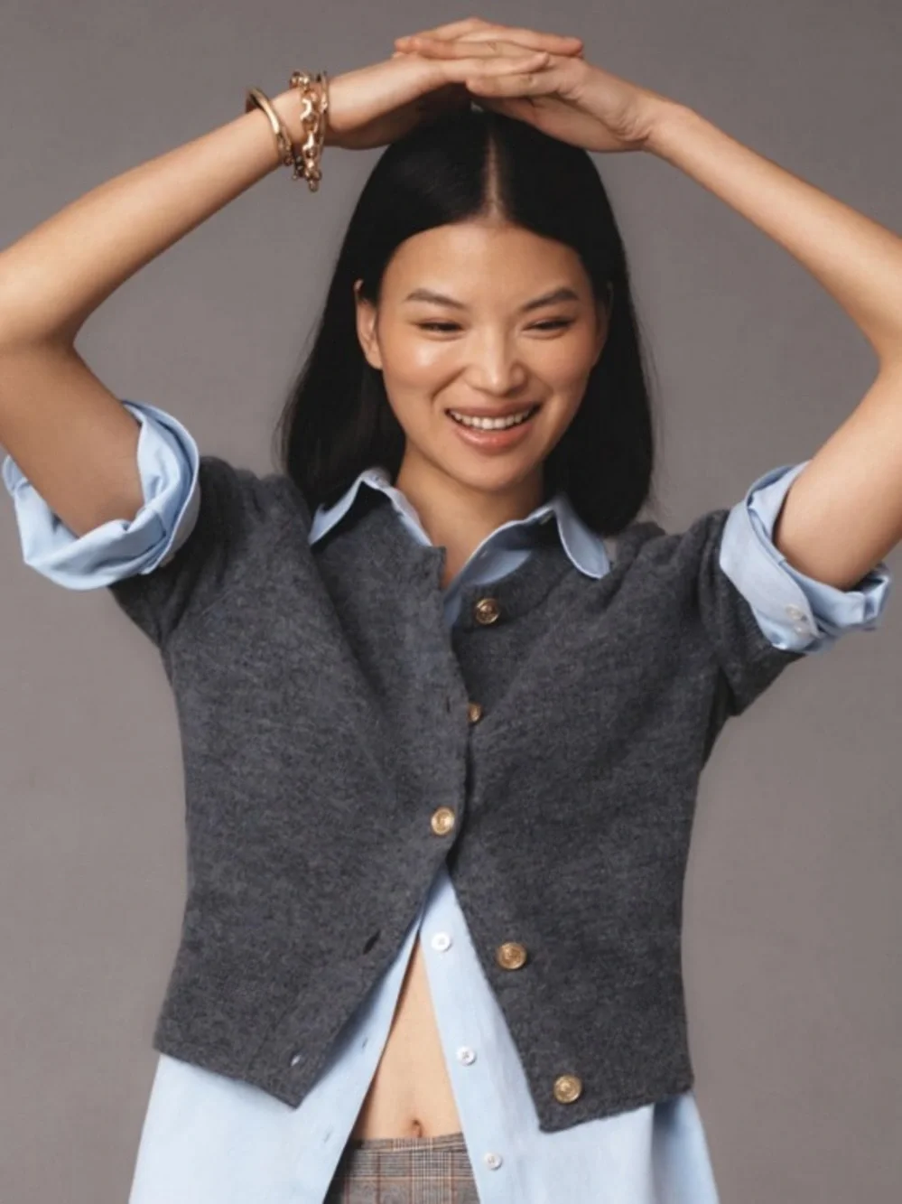 Maeve Short Sleeve Cardigan Sweater Knit Top Grey Gold Anthropologie Size Small